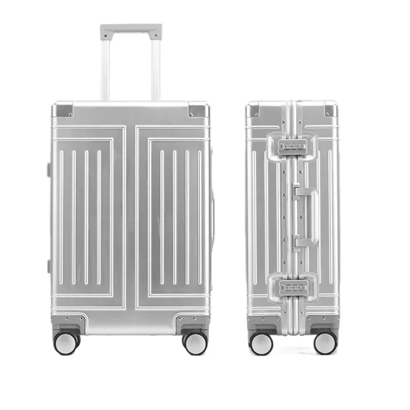 valise haute capacité, boîte à roulettes, bagages roulants, valise en alliage d'aluminium-magnésium argenté, roue universelle