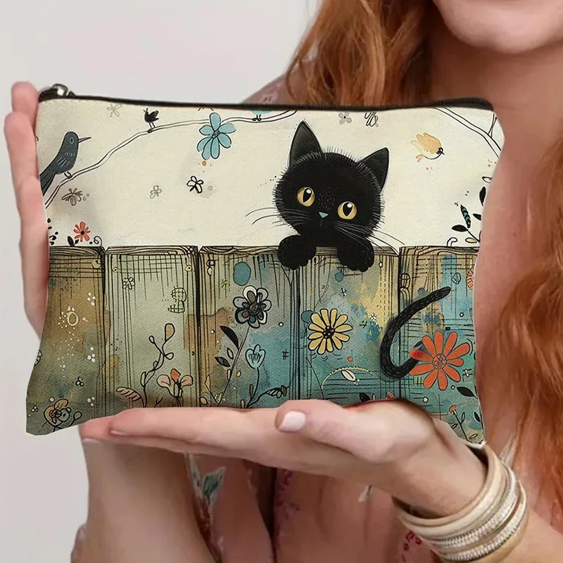 pochette à fermeture éclair à motif de chat noir, sac à cosmétiques durable, résistant à la décoloration, sac de rangement pour maquillage de voyage, cadeau pour filles