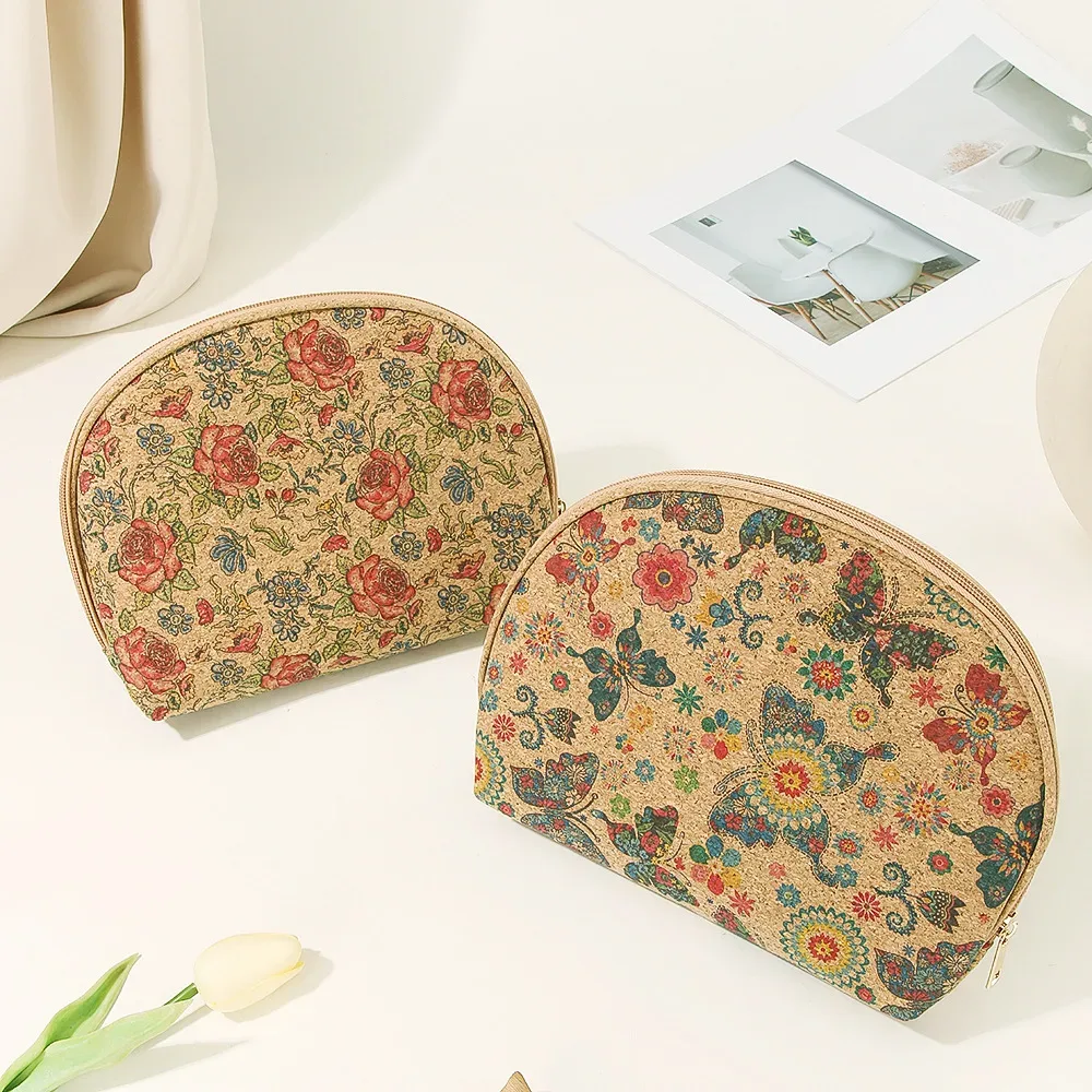 Trousse de maquillage légère, sac en liège élégant, pochette en liège semi-circulaire écologique pour un usage quotidien, maquillage de vacances