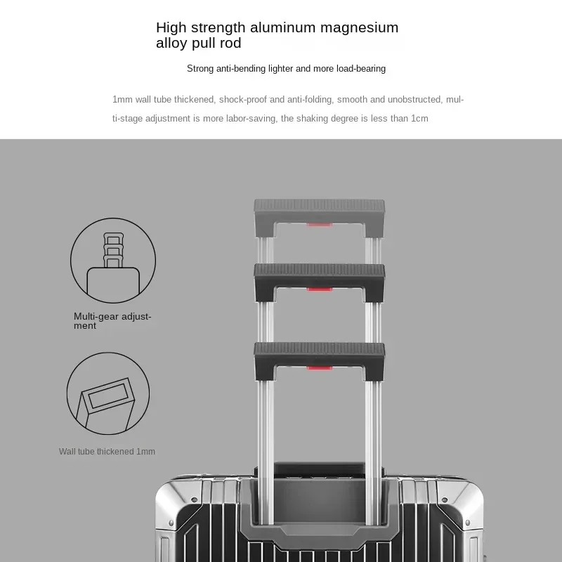 valise à roulettes en alliage aluminium-magnésium 100%, valise de voyage en aluminium, valise à roulettes en métal, roues universelles, valise à roulettes avec serrure à code.