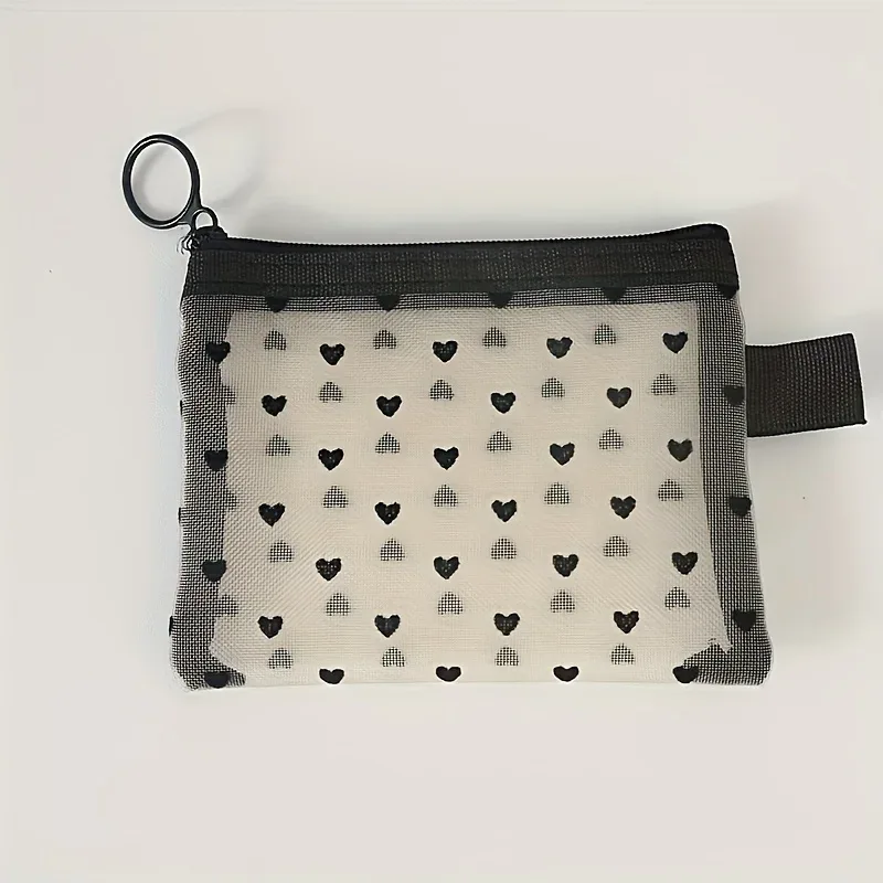 trousse à cosmétiques transparente en forme de cœur, lot de 2, beige et noir, pliable avec porte-rouge à lèvres, organisateur de petits objets portable pour voyage, sac de rangement multifonctionnel