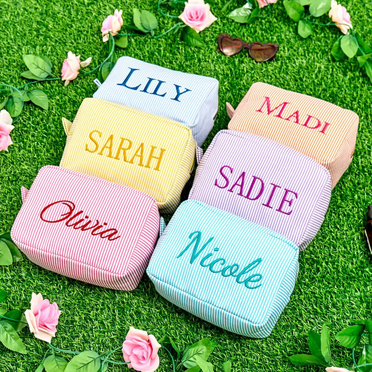 pochette de maquillage rayée personnalisée, broderie de nom personnalisée, pochette cosmétique, organiseur de toilette de voyage, cadeau pour femmes, filles, demoiselles d'honneur