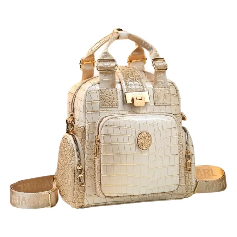 sac à dos motif crocodile pour femmes, fourre-tout en cuir véritable, sac à bandoulière multifonctionnel de grande capacité convertible, fourre-tout
