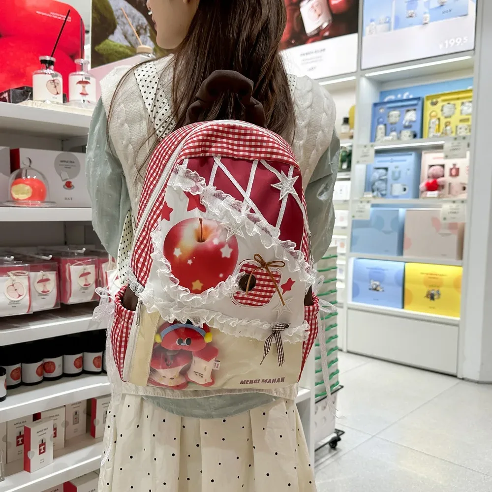 sac à dos apple star ita bag à carreaux en dentelle, style frais et doux, pour étudiantes, sacs portables pour femme