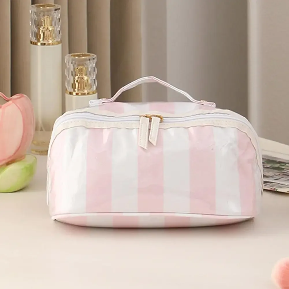 sac de maquillage imperméable en pvc, double fermeture éclair, sac de rangement cosmétique à rayures en damier, sac de toilette de voyage grande capacité