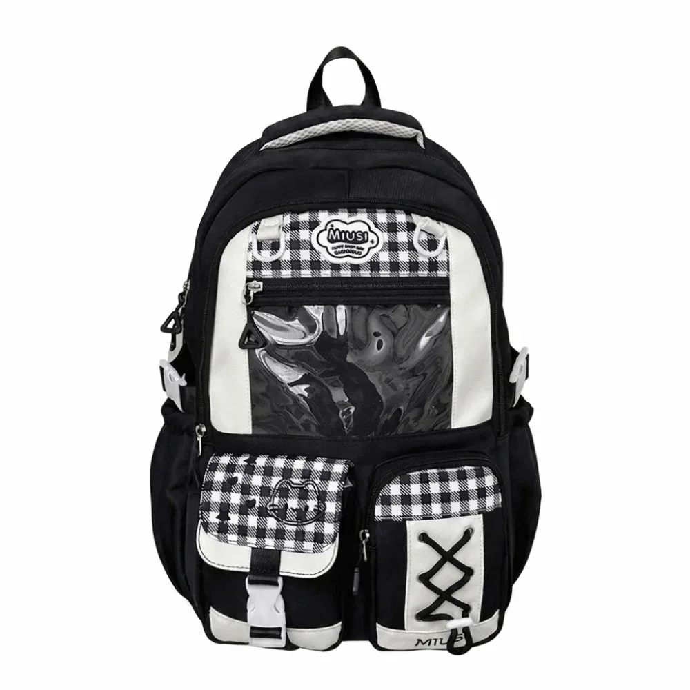 sac à dos scolaire de style preppy à plusieurs compartiments, grande capacité, multi-poches, fermeture éclair, léger, motif à carreaux, sac à dos de jour à blocs de couleurs.