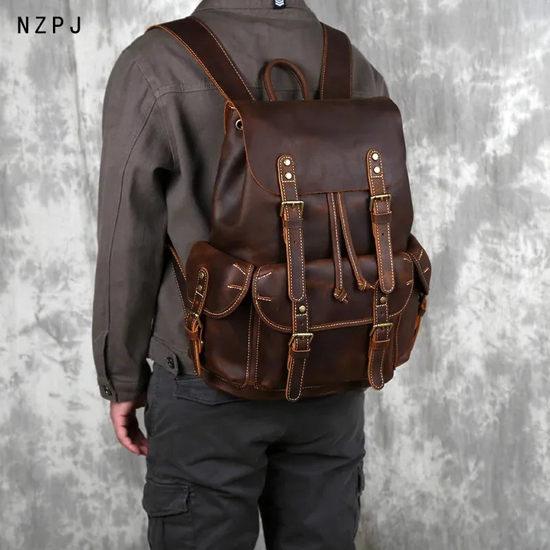 sac à dos rétro en cuir de cheval fou pour hommes, avec couche supérieure en cuir de vache, sac d'école de grande capacité, sac d'ordinateur portable, nzpj