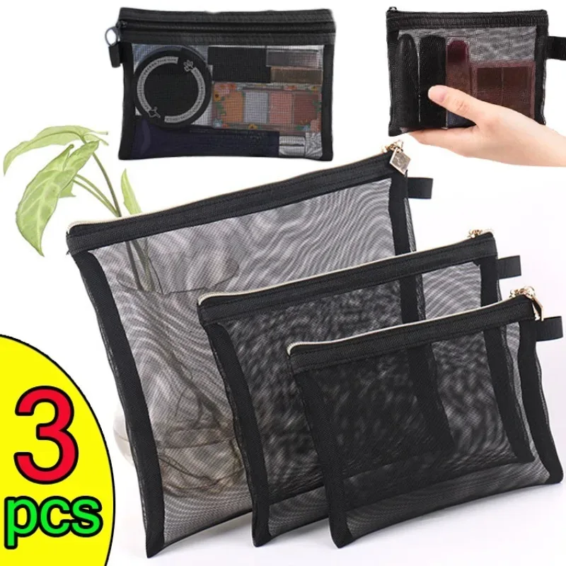 sacs à cosmétiques transparents en maille, trousse de maquillage noire, trousse de rangement portable, trousse de voyage en plein air, rouge à lèvres, poudres, cadeaux, taille s, m, l, 3 pièces