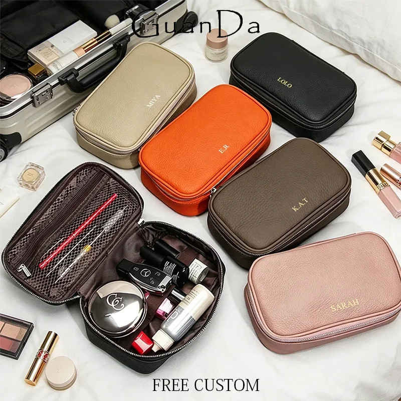 trousse de toilette de voyage en cuir de vachette grande capacité personnalisable avec nom, sac cosmétique zippé de luxe simple pour femme, trousse de maquillage tendance personnalisée pour dames