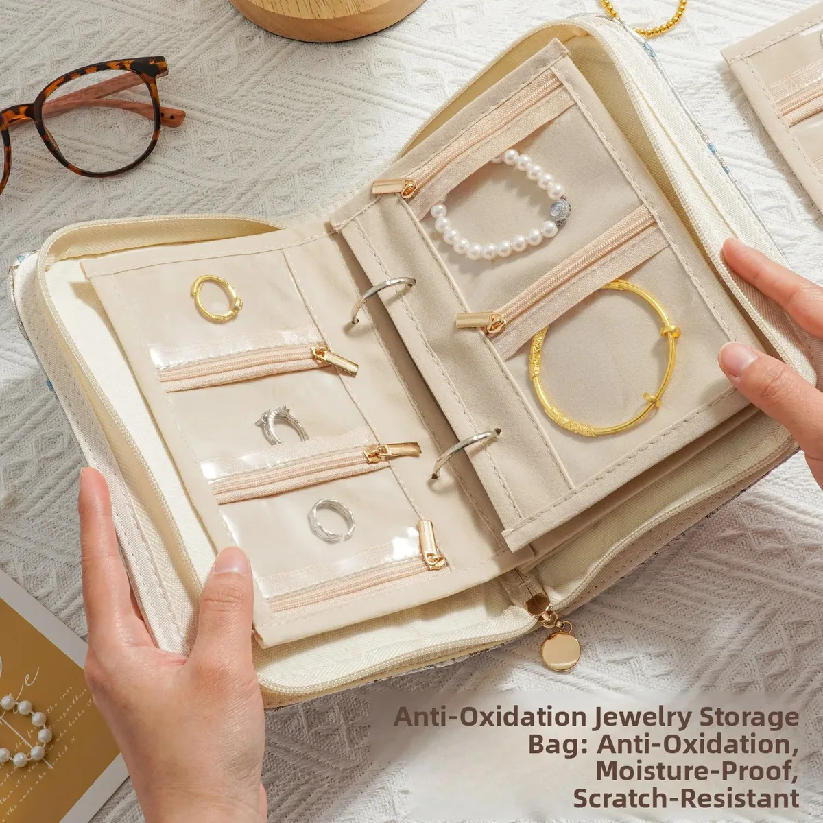 coffret de rangement à bijoux en velours haut de gamme avec fermeture éclair, sac de rangement portable anti-oxydation pour bijoux en or et argent, style cuir de luxe