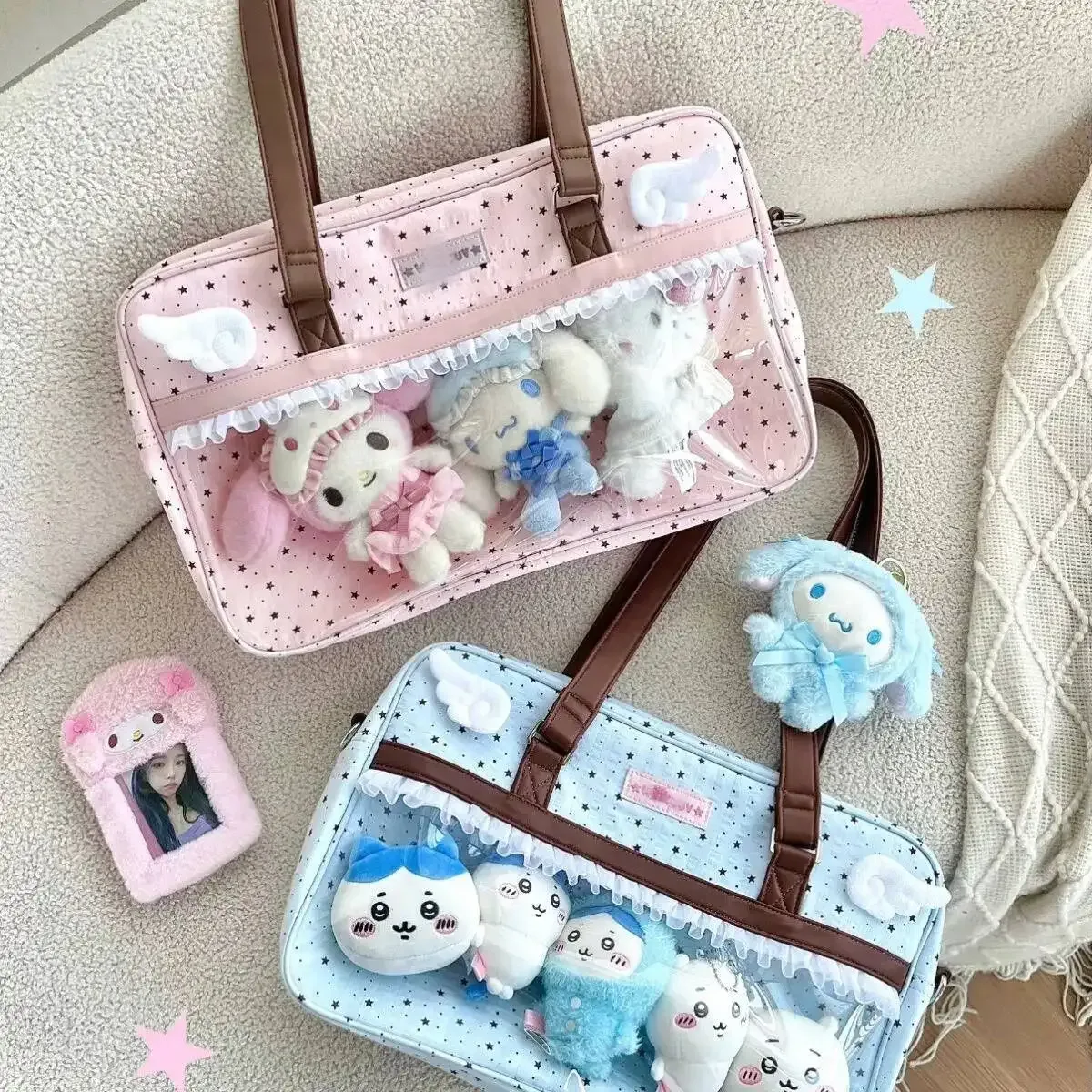 nouveau y2k mignon dentelle ita sac grande capacité lolita filles poche transparente bricolage badge affichage sac à bandoulière décontracté à pois sac à main