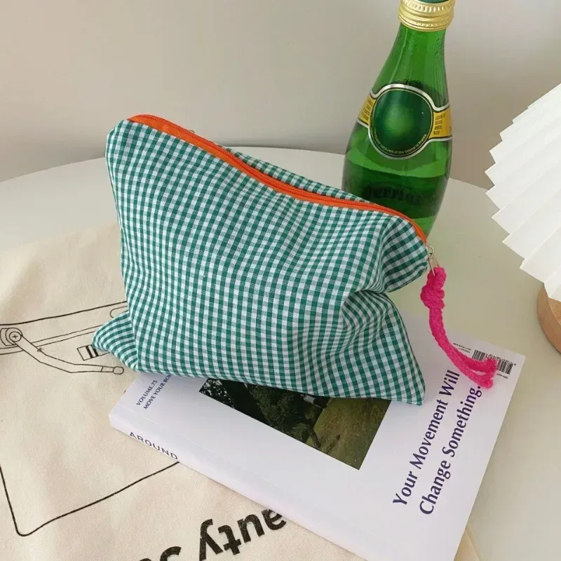 sac de maquillage à carreaux bloquant les couleurs pour femmes, sac de rangement pour pinceaux de maquillage de grande capacité, trousse de toilette pour soins de la peau