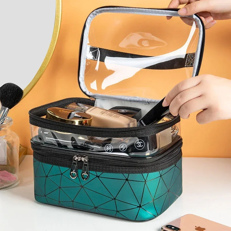 sac à cosmétiques double couche, grande capacité, portable, étanche, sac de maquillage, rangement transparent, trousse de toilette, bx19
