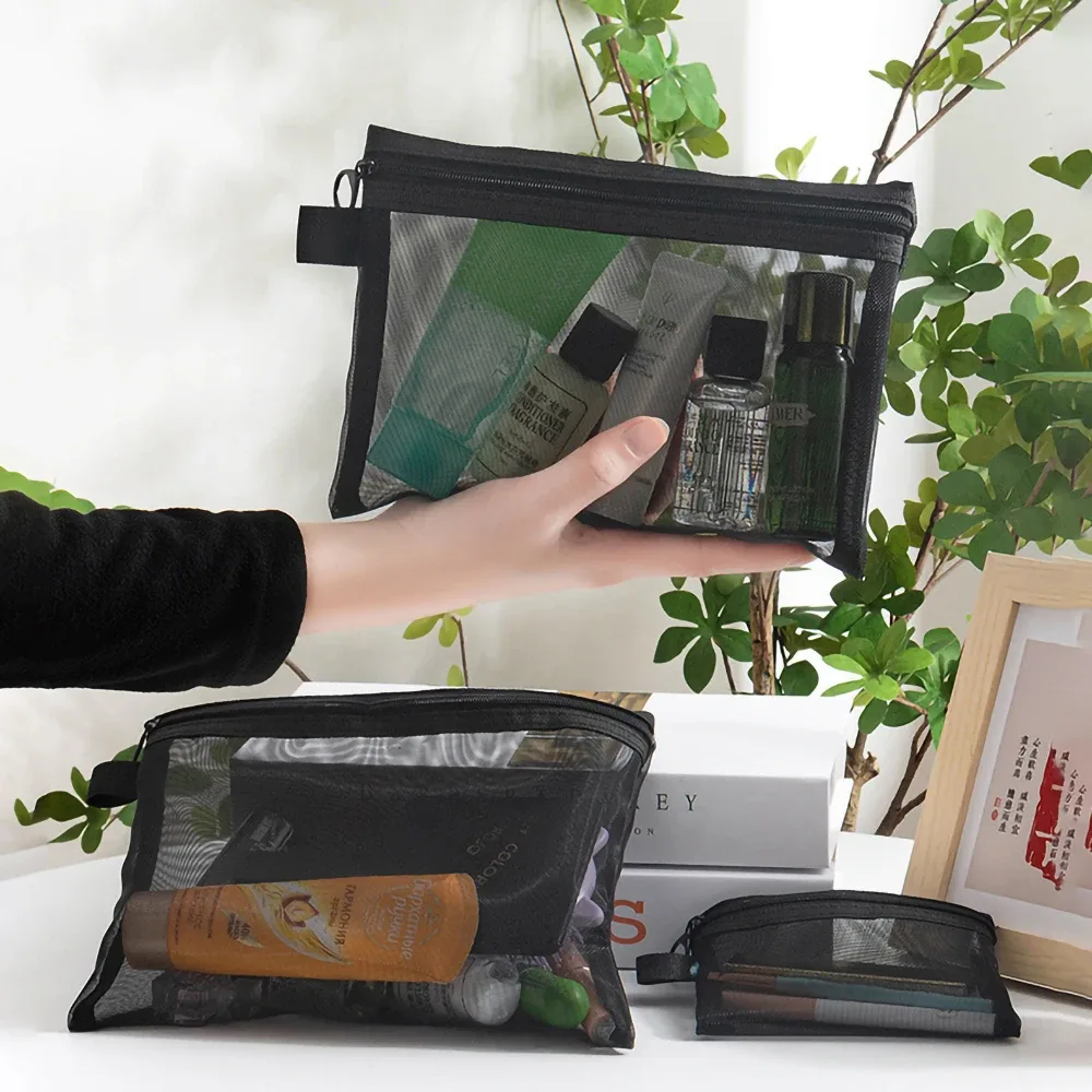 sacs à cosmétiques transparents en maille pour femmes, trousse de maquillage noire, étui de rangement de toilette de voyage portable, pochette de rangement de rouge à lèvres, cadeau, 1/3/5 pièces