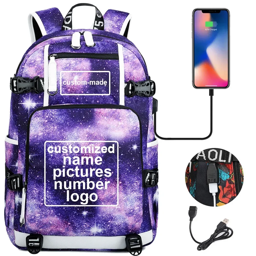 sac à dos en toile pour hommes et femmes, imprimé personnalisé, avec photo ou logo, pour enfants, garçons et filles, usb, pour ordinateur portable, grand sac de voyage