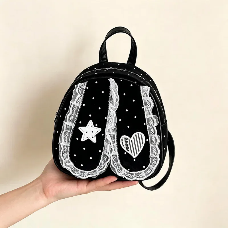 sac à dos à pois avec oreilles de lapin pour femmes, sac à bandoulière léger, sac à main en dentelle, sac fourre-tout mignon pour l'école et les voyages
