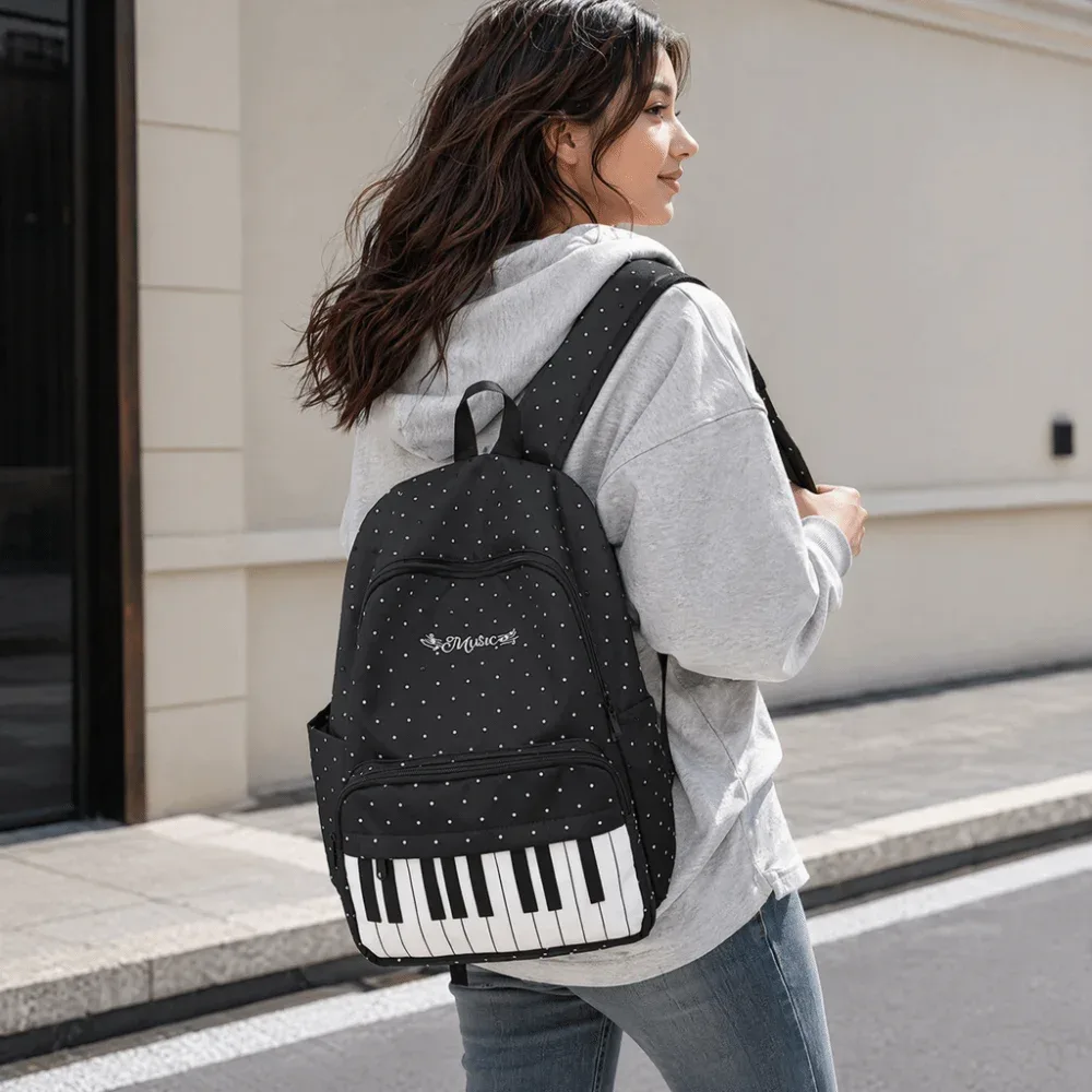 sac à dos en nylon à pois, color-block, mignon, grande capacité, durable, style preppy, motif touches de piano, pour l'école et l'université