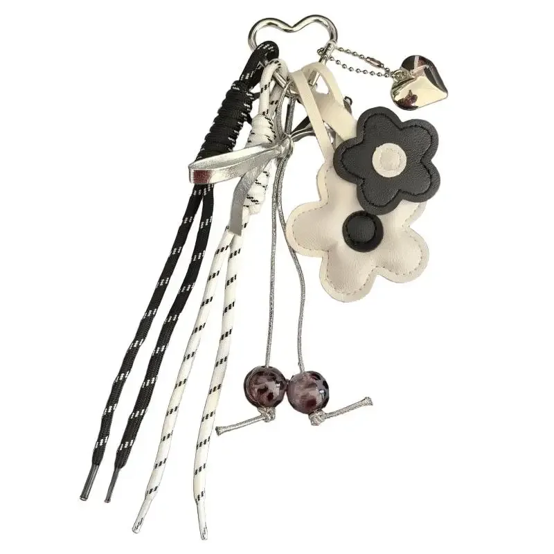 porte-clés en cuir pu avec breloque cœur fleur pour femme, accessoire mignon style bohème pour sac à main, sac fourre-tout, cadeau pour filles