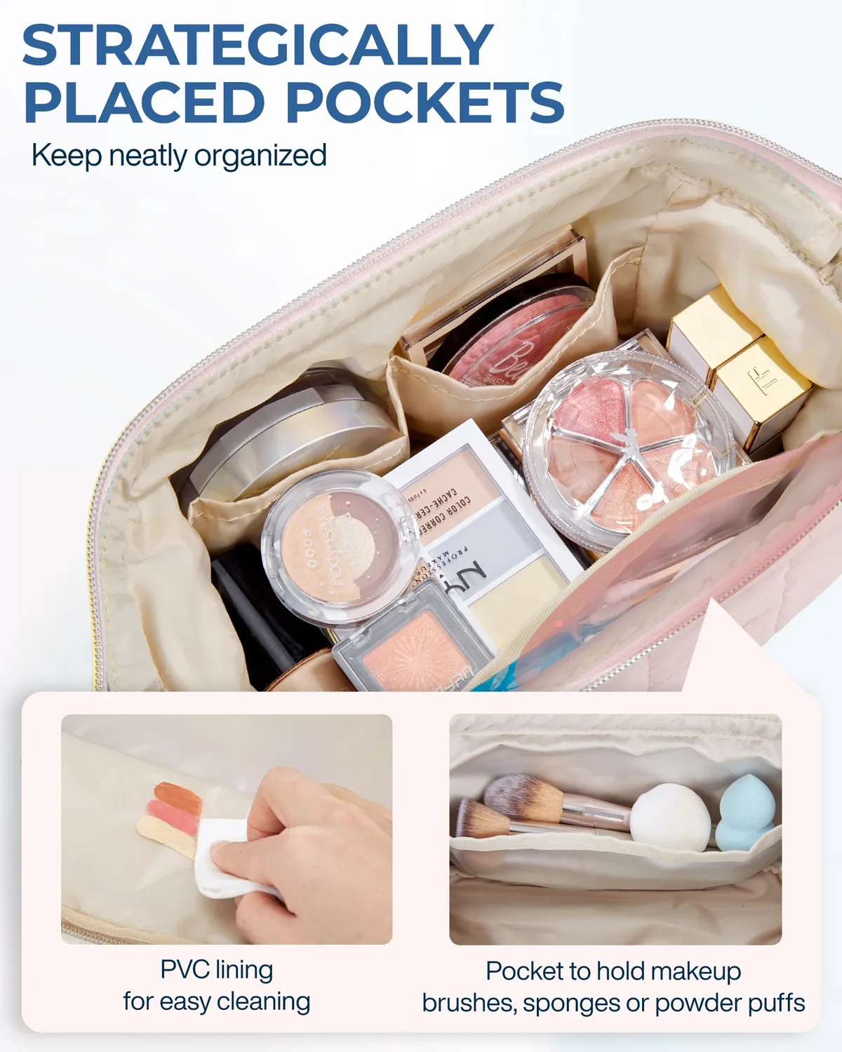 trousse toilette cosmétique taslan rose motif coutures quadrillées rectangulaire glissière dorée voyage femmes maquillage
