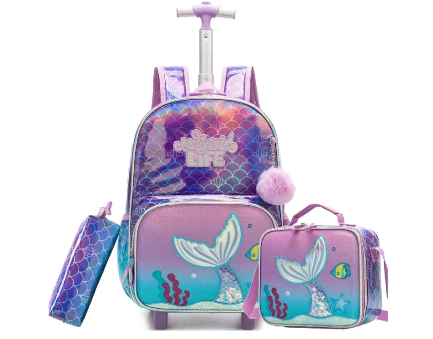 valise sac dos rose queue sirène motif multicolore poignée roue transport enfant déplacement école lunch stylos femmes