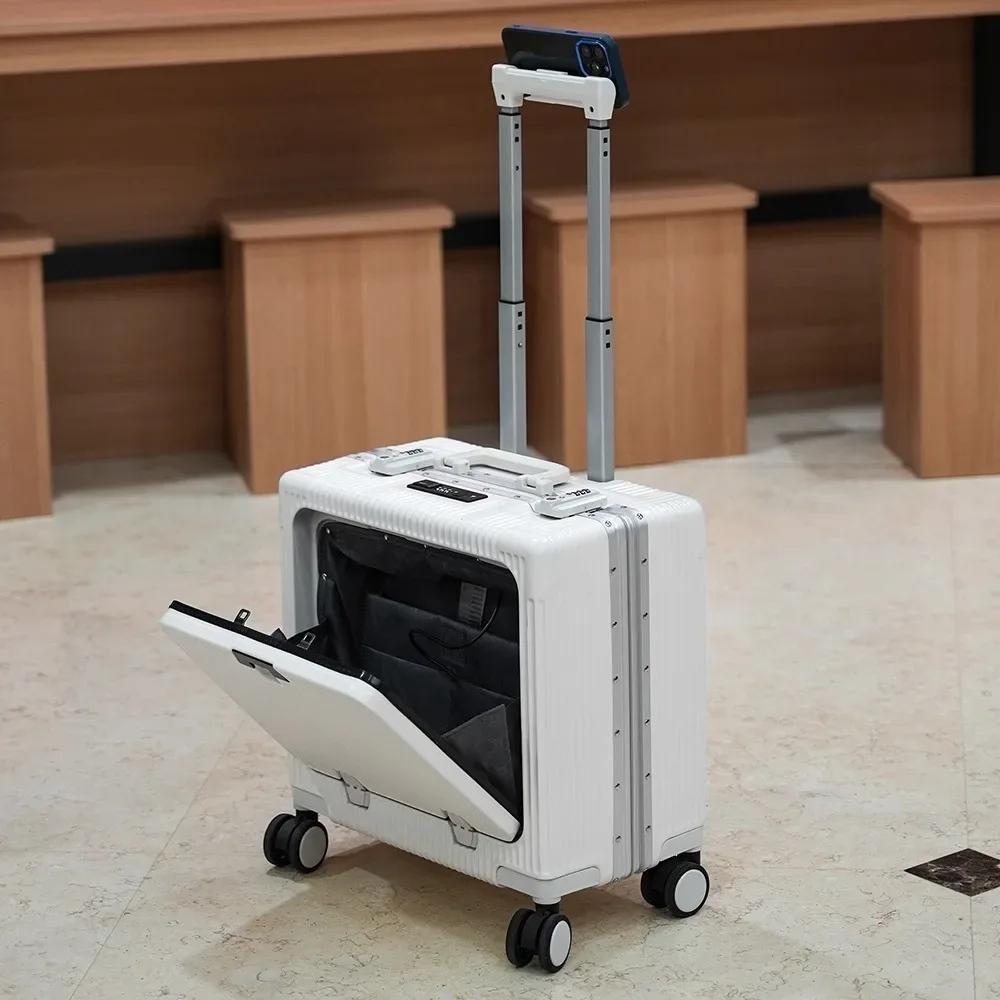 valise de poche à ouverture avant, cadre en alliage d'aluminium, bagages roulants de 18 pouces, sacs de chariot de voyage à main avec roue rotative