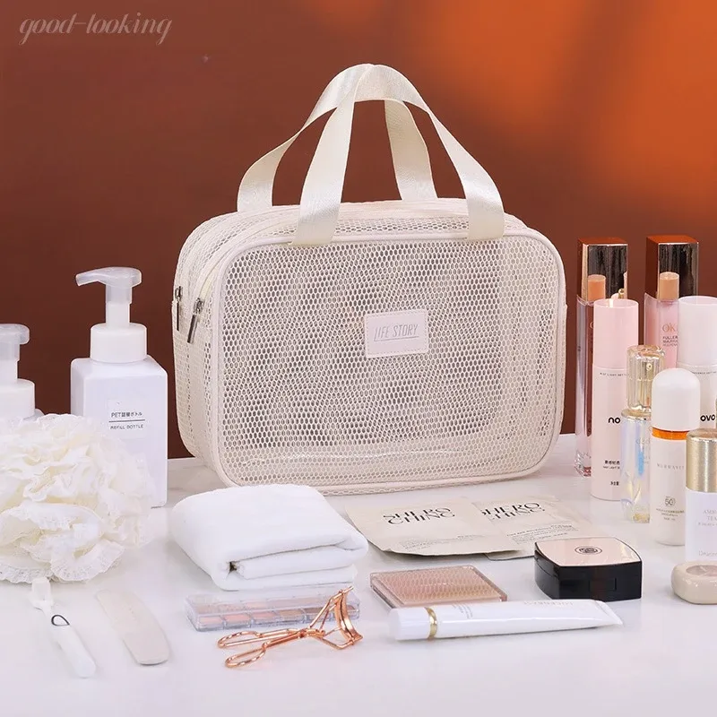 sac de maquillage de voyage en maille double couche, pochette cosmétique à grande capacité, organisateur pliable pour les articles de toilette des femmes en vacances