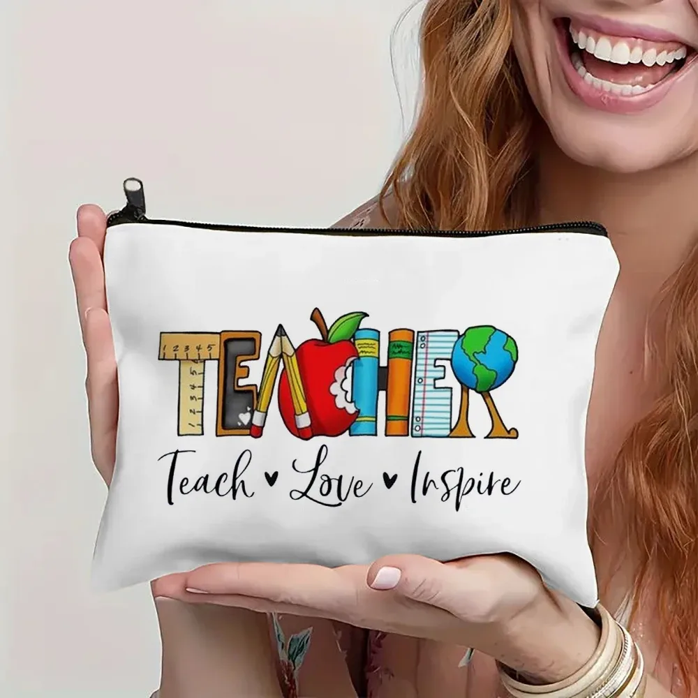 trousse toilette lin humoristique enseignants messages positifs fermeture glissière pochette cosmétiques maquillage voyage petite taille
