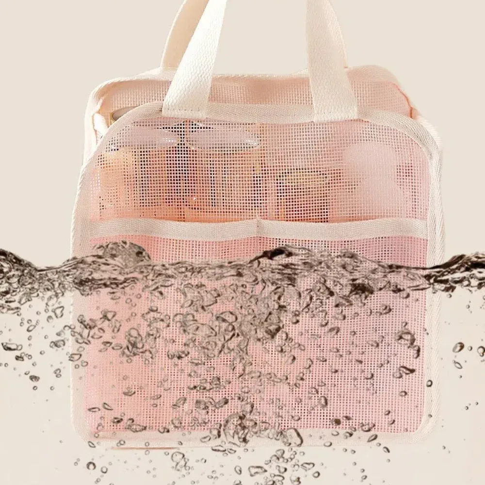 sac de maquillage en maille portable de grande capacité, sac de rangement de cosmétiques portatif de couleur unie, sac de rangement de toilette léger