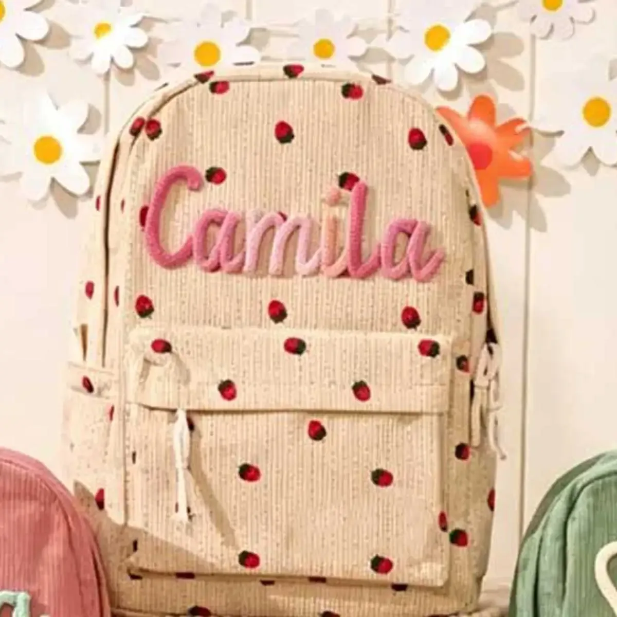 sac à dos personnalisé en velours côtelé, motif fraise/à carreaux, simple et spacieux, cadeau parfait pour la rentrée scolaire