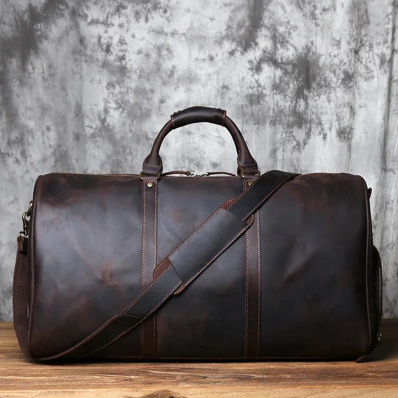 nzpj – sac à main rétro en cuir de cheval fou pour hommes, sac de voyage de grande capacité, sac à bandoulière avec couche supérieure en cuir de vache