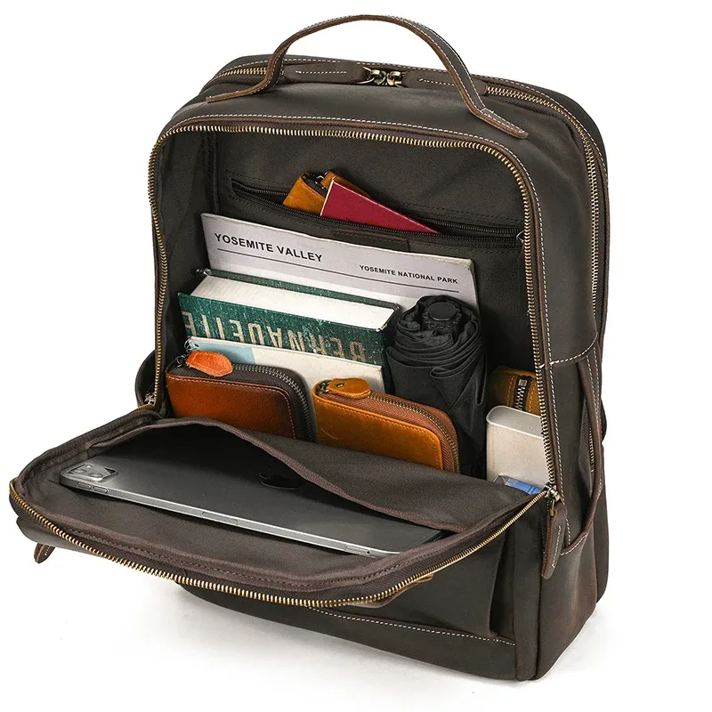 mode crazy horse cuir sac à dos véritable peau de vache sacoche pour ordinateur portable ordinateur homme sacs à dos pour hommes mâle sac à dos sac d'école d'affaires