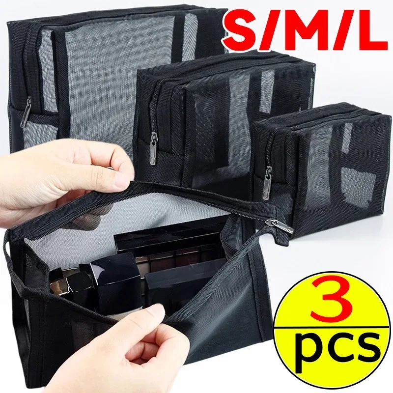 trousse cosmétiques plastique mesh noir translucide fermeture éclair pliable oreiller voyage s m xl