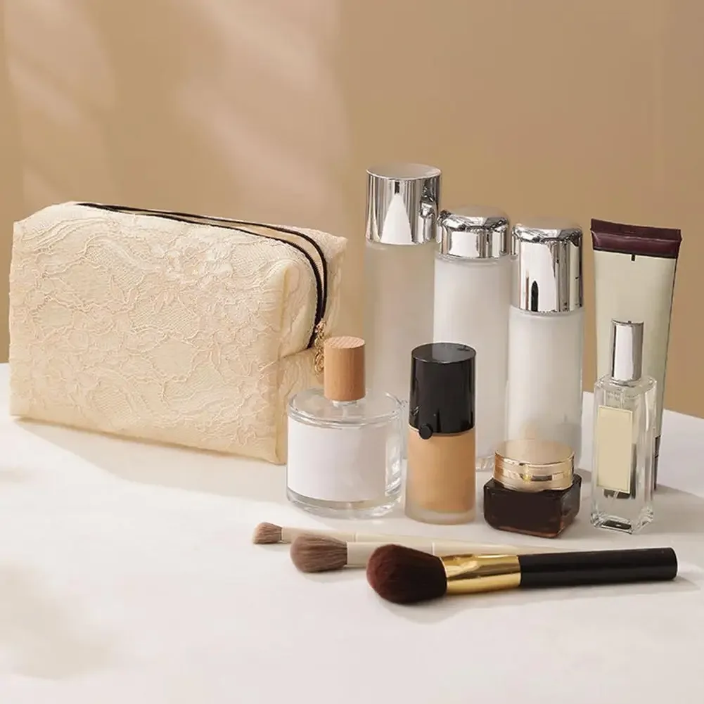 trousse de maquillage en dentelle florale grande capacité, pochette cosmétique imperméable, sac de voyage pour articles de toilette et rangement