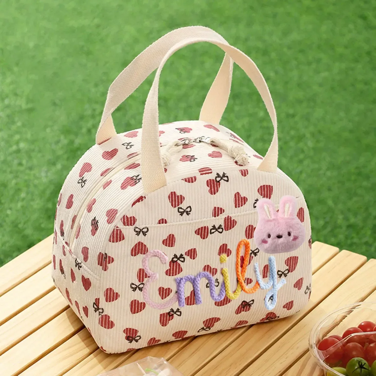 sac fourre-tout personnalisé avec initiales – sac à déjeuner isotherme en velours côtelé grande capacité personnalisé ; cadeau de rentrée scolaire, sac de vacances et de fête