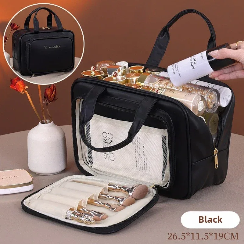 sac de maquillage de rangement portable multifonctionnel pour femmes, sac de rangement de toilette de voyage de grande capacité, nouveau sac à cosmétiques en cuir pu
