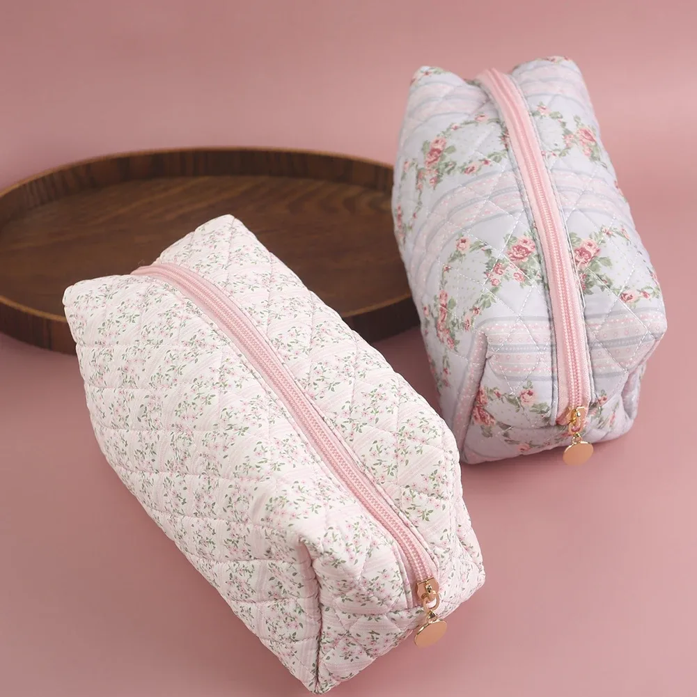 sac à cosmétiques floral pour femmes, grande capacité, en coton, esthétique, sac de toilette, fermeture éclair, sac organisateur rembourré, sac à main quotidien pour filles