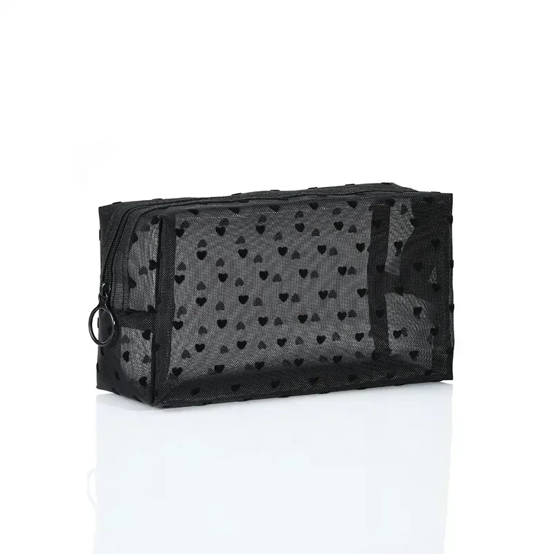 sac à cosmétiques en maille de nylon, organisateur de toilette en forme de cœur à fermeture éclair, sacs de maquillage multifonctionnels pour femmes, rouge à lèvres, clé, porte-monnaie