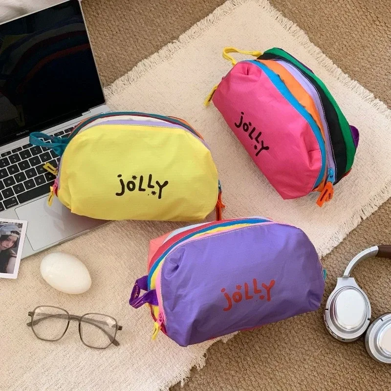 sac de maquillage en nylon avec imprimé lettres colorées dopamine, pochette cosmétique étanche, sac de rangement de voyage pour femmes et filles, pour usage quotidien en extérieur