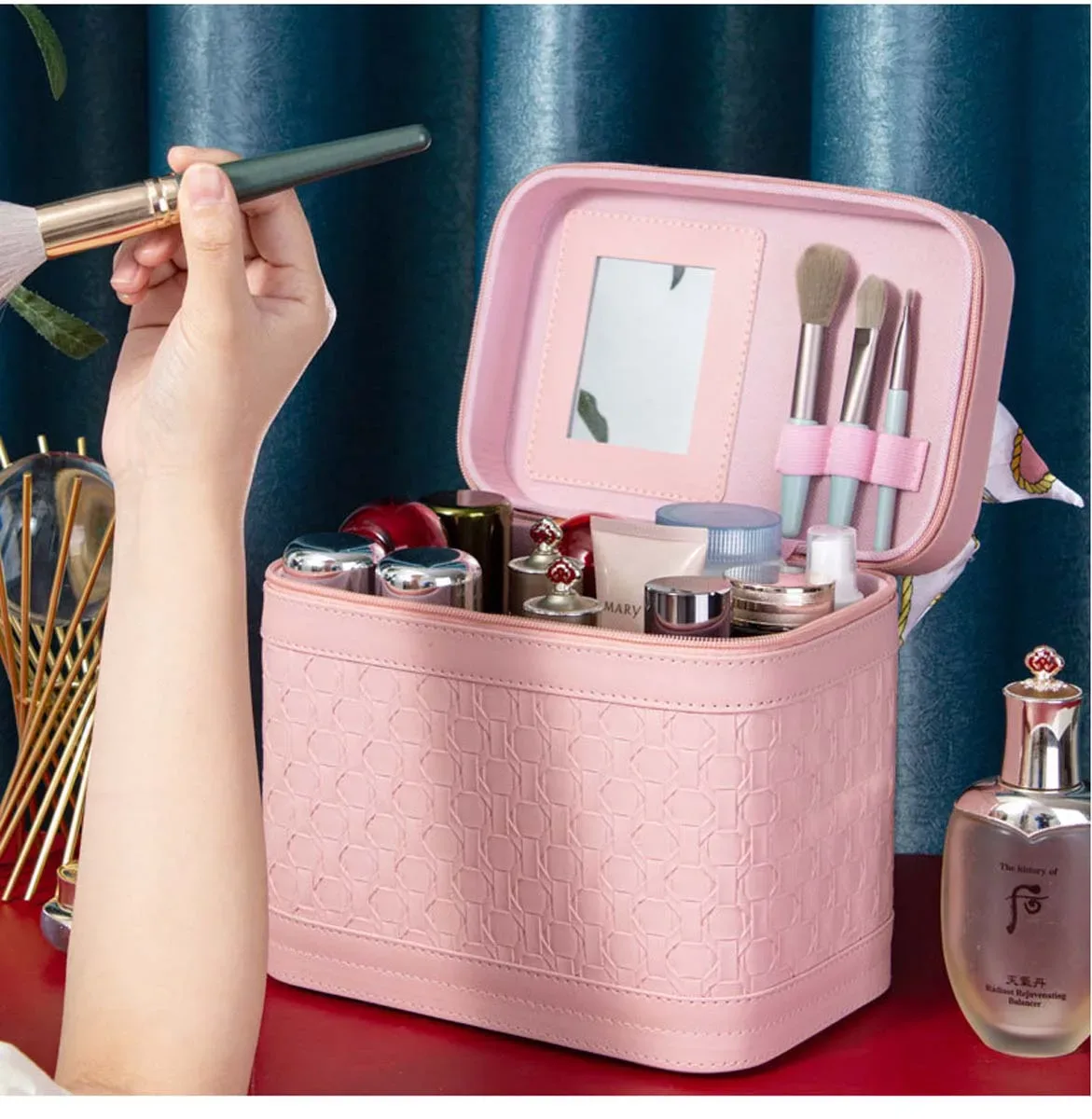 trousse de maquillage portable beauty master : boîte de rangement cosmétique de luxe avec foulard en soie offert
