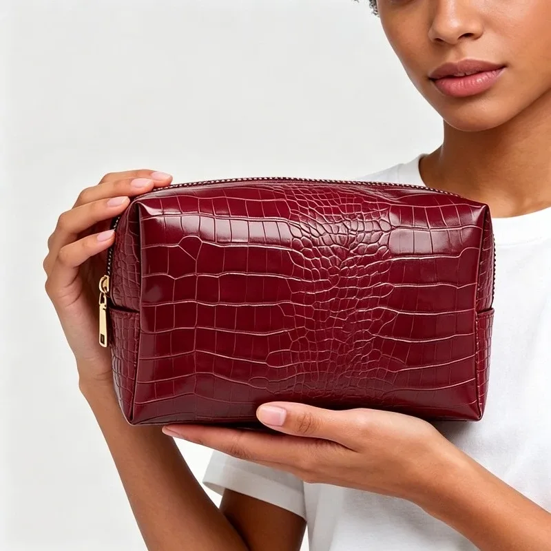pochette de maquillage en pu gaufré crocodile pour femmes, étanche, structurée, organiseur de rangement haut de gamme non pliable
