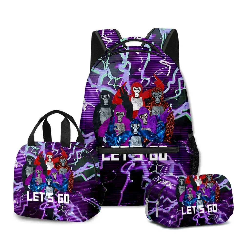 sac à dos d'école pour étudiants, sac à dos portable pour ordinateur portable, sac à déjeuner portable, trousse à crayons, imprimé 3d, motif gorilla classique, populaire et amusant, 3 pièces/ensemble