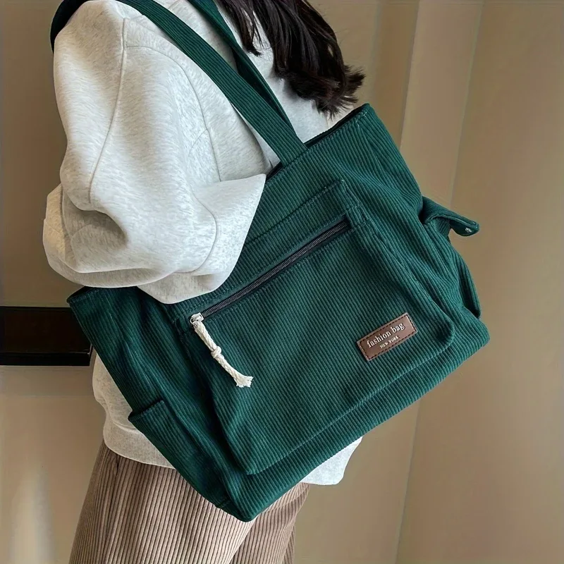 sac fourre-tout simple en velours côtelé, sac à bandoulière de couleur unie, sac à main rétro multi-poches pour le travail scolaire et le shopping