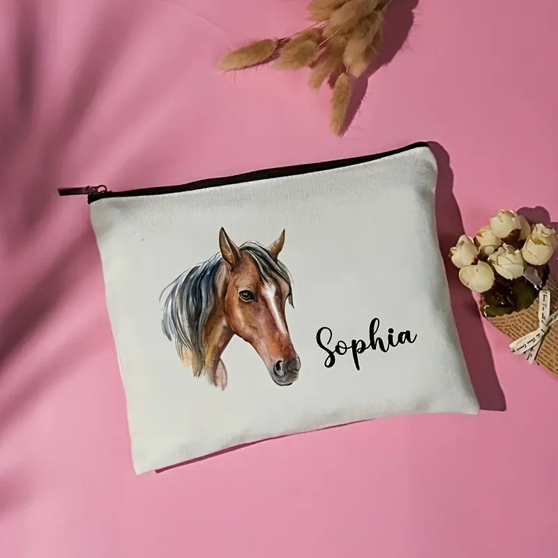 trousse de maquillage personnalisable à motif cheval, pochette cosmétique légère avec fermeture éclair, option de nom personnalisé