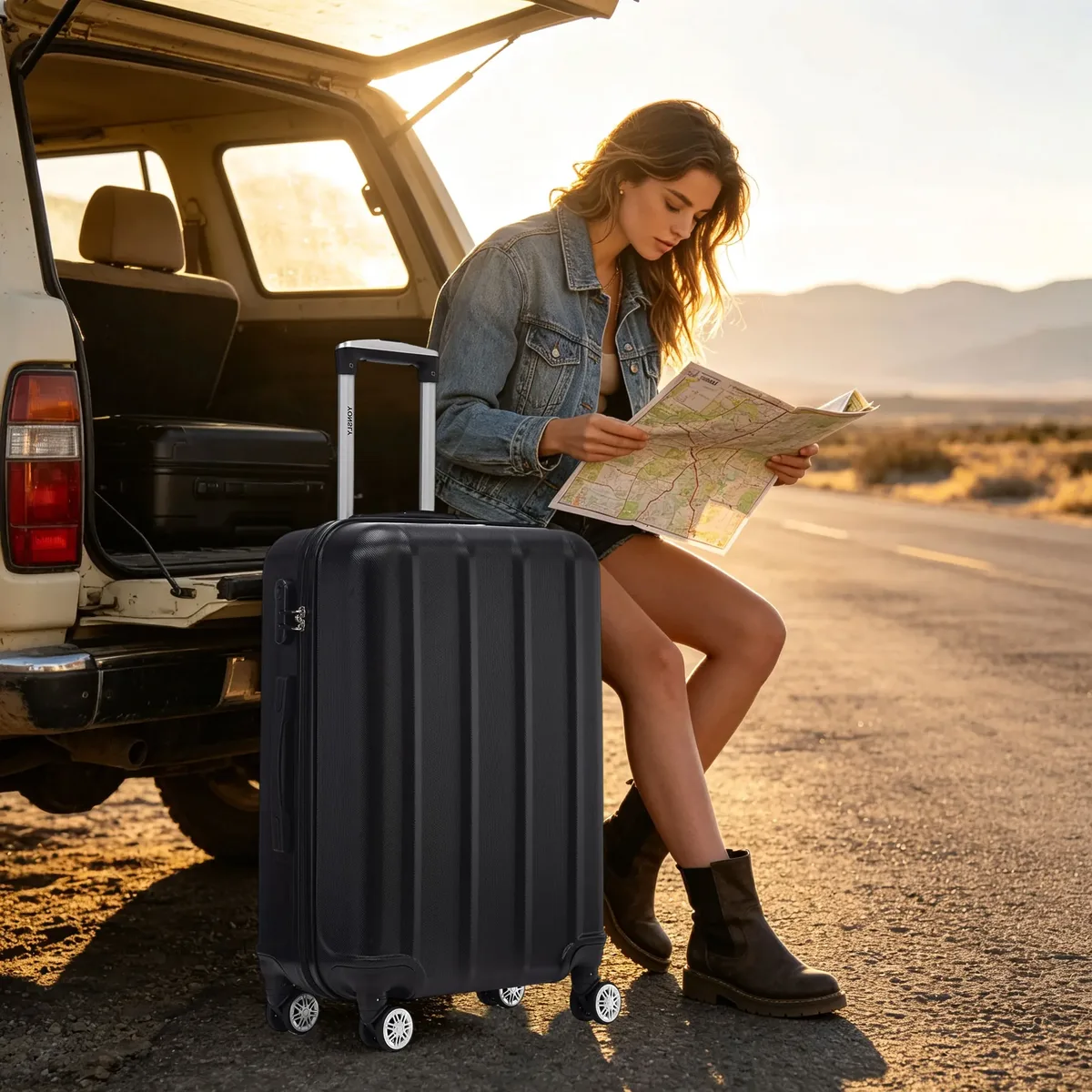 valise yonsly 20/24/28 pouces, légère, noire, coque rigide, bagage de voyage à roulettes avec roulettes à 360 degrés ° valise cabine à 4 roulettes avec compartiment en maille et poignée en caoutchouc pour les vacances et les voyages d'affaires