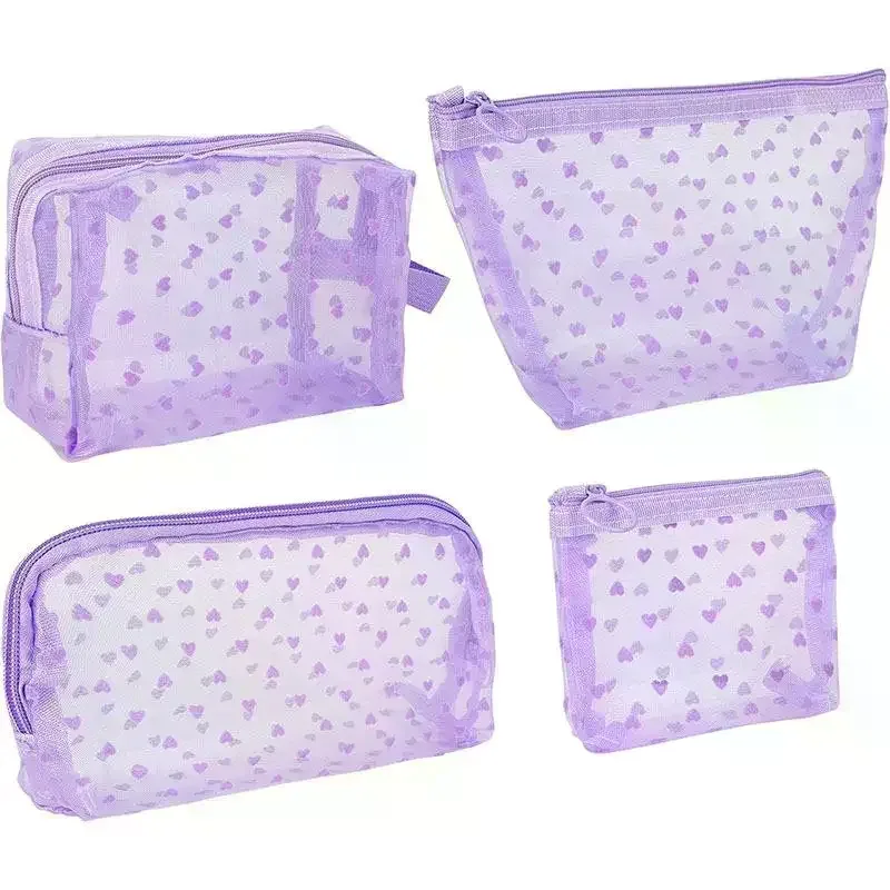 sac de maquillage en maille transparente en forme de cœur, pochette de rangement multifonction portable pour femmes, pochette de toilette pour dames, sacs organisateurs de rouge à lèvres
