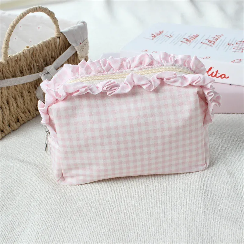 pochette de maquillage à franges en tissu gingham, style coréen, grande capacité, portable, trousse de toilette de voyage pour filles et femmes