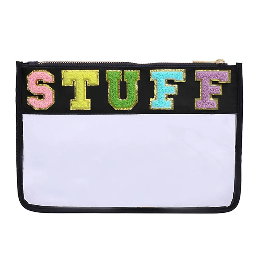 sac à cosmétiques en pvc transparent avec patchs de lettres, pochette de voyage pour femmes, pochettes de maquillage, trousse de toilette