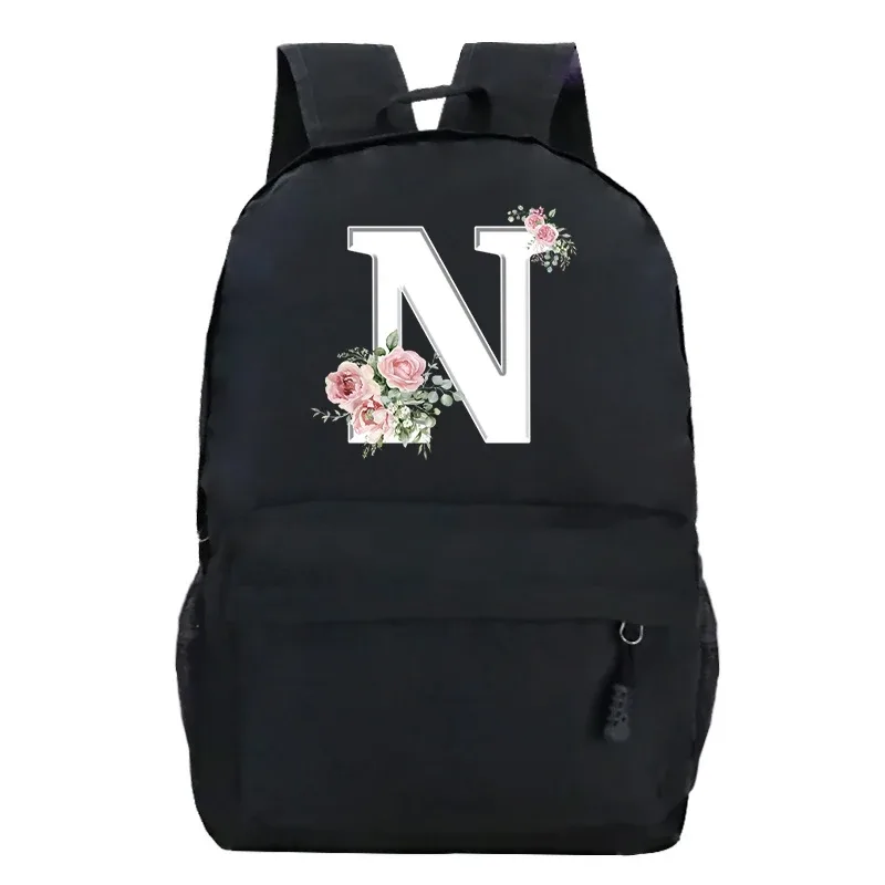 étudiant dames rose floral alphabet blanc impression sac à dos femmes fleur harajuku cartables femme rose lettre sac à bandoulière