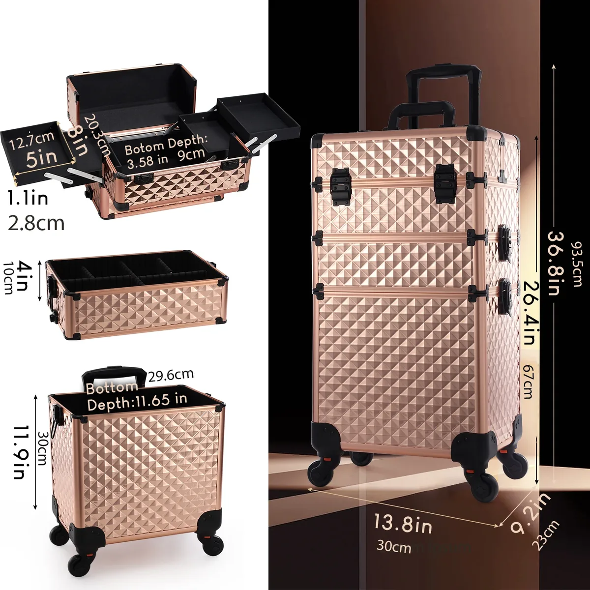 valise de maquillage 3-en-1 à cadre en aluminium, avec 4 plateaux, sur roulettes, portable, pour cosmétologie, coiffure et outils de manucure, avec organisateurs de rangement