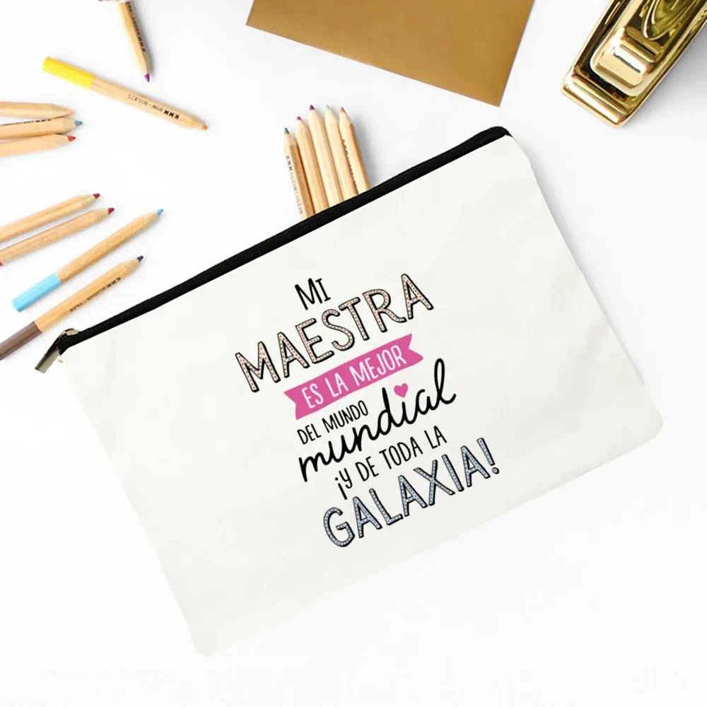 meilleur professeur du monde sac de maquillage imprimé espagnol nécessaire de voyage pochette de rangement d'articles de toilette sacs à crayons cadeau de diplômé pour enseignant